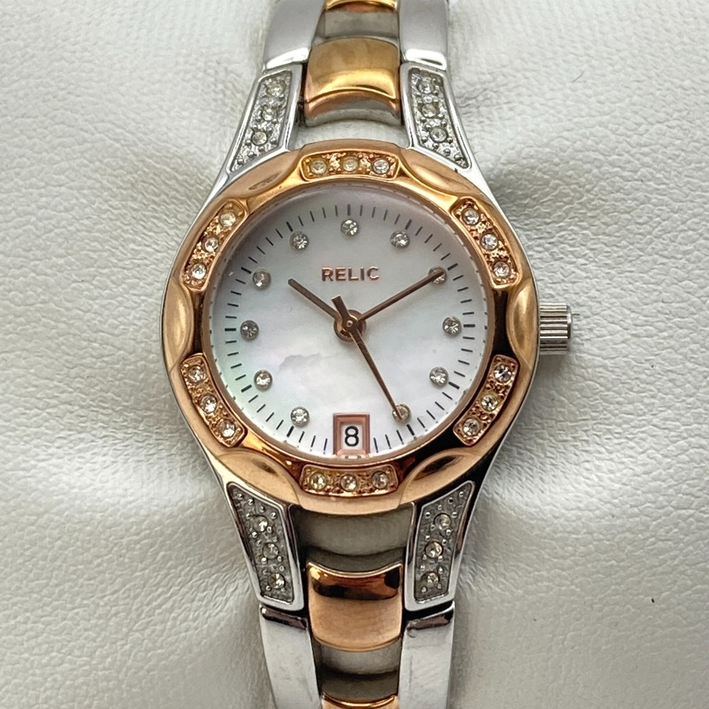 Relic Women's Watch Rose Gold Silver Two Tone MOP Crystals New Battery TINY 5.5"